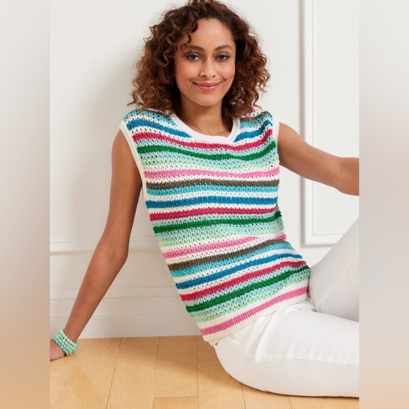 Talbots Colorful Striped Sleeveless Crochet Knit Top Beachy Boho L - Picture 1 of 6